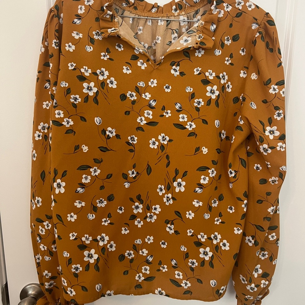 Chic Floral Ruffle Neck Blouse in Mustard